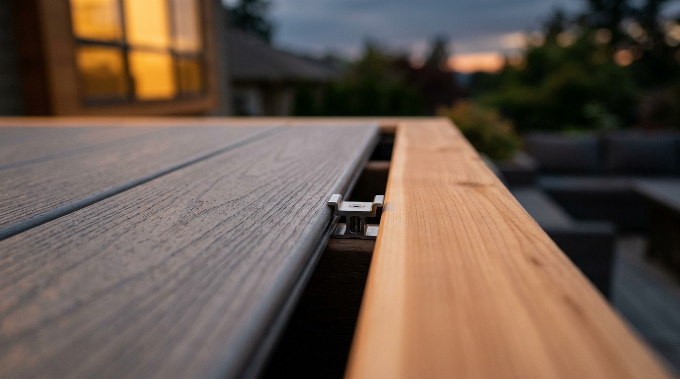 Close-up of grey composite deck boards with a clean edge and a single stainless hidden clip