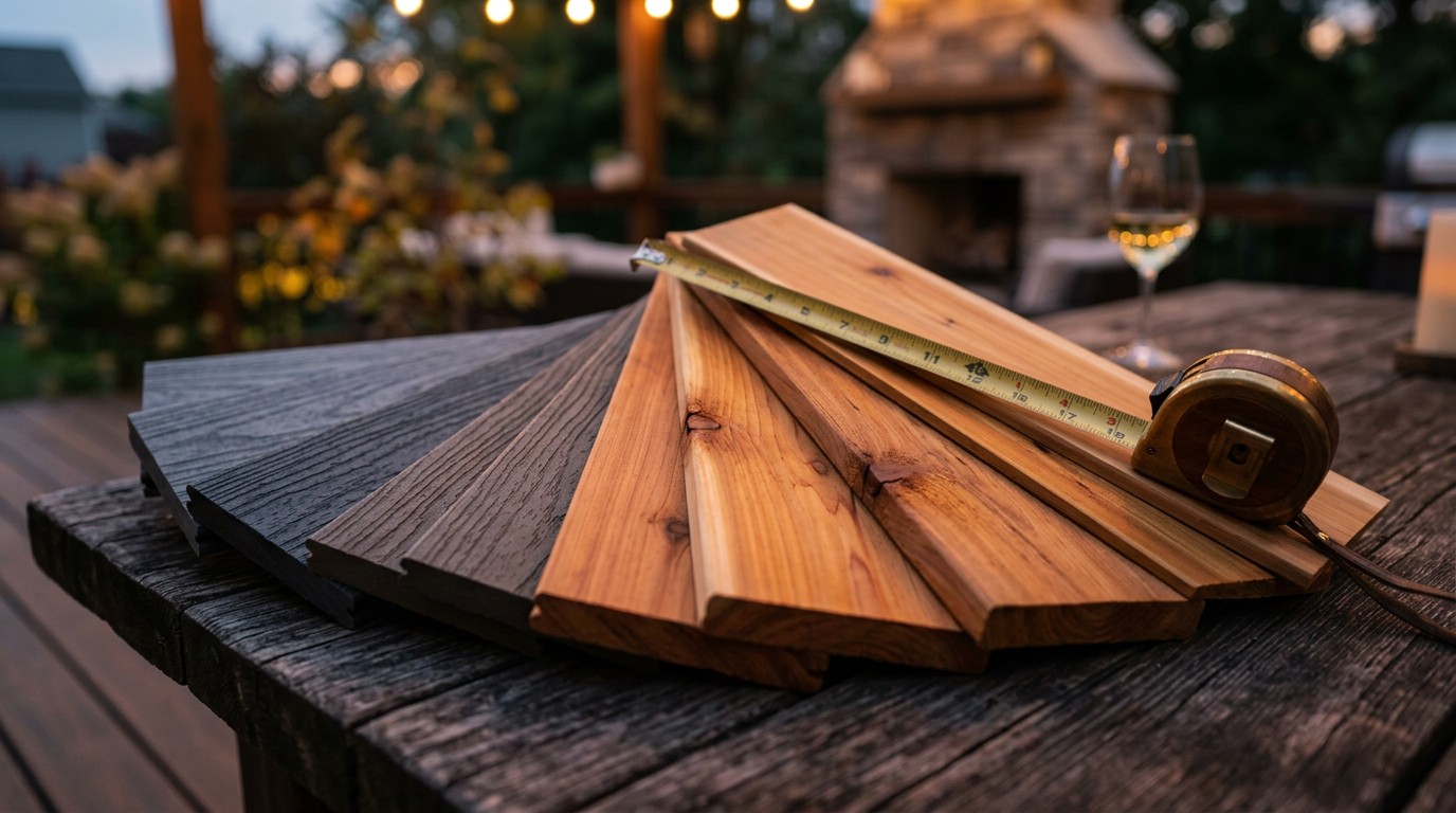 Composite and cedar deck board samples fanned out on a wooden surface with a tape measure