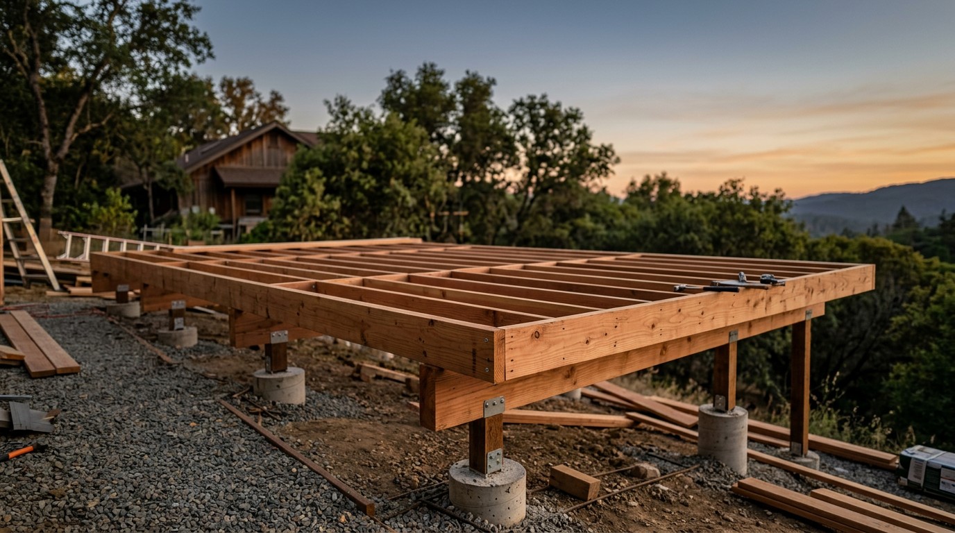 A partially built deck frame showing joists and footings before the decking boards go on