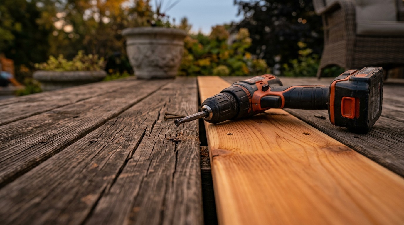 A cracked deck board next to a fresh replacement board with a cordless drill resting on top