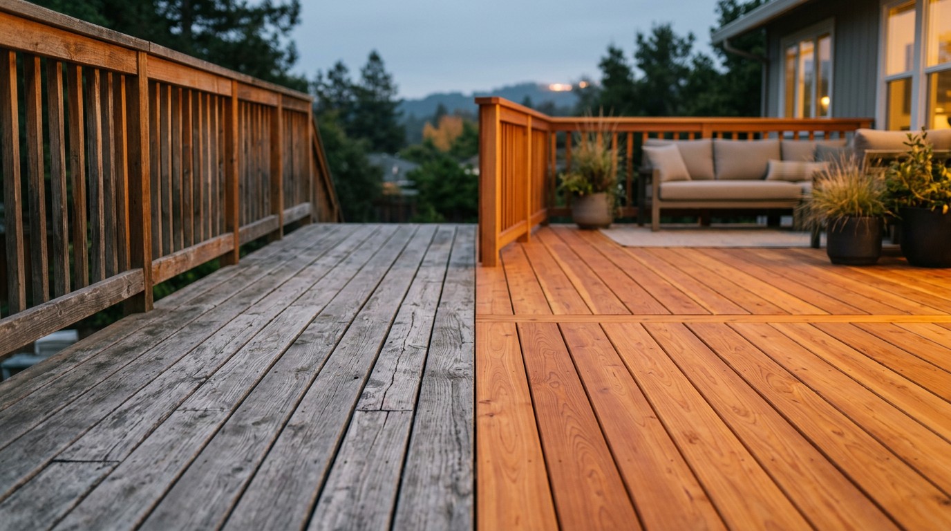 Aged grey deck boards beside brand new cedar boards on the same deck structure