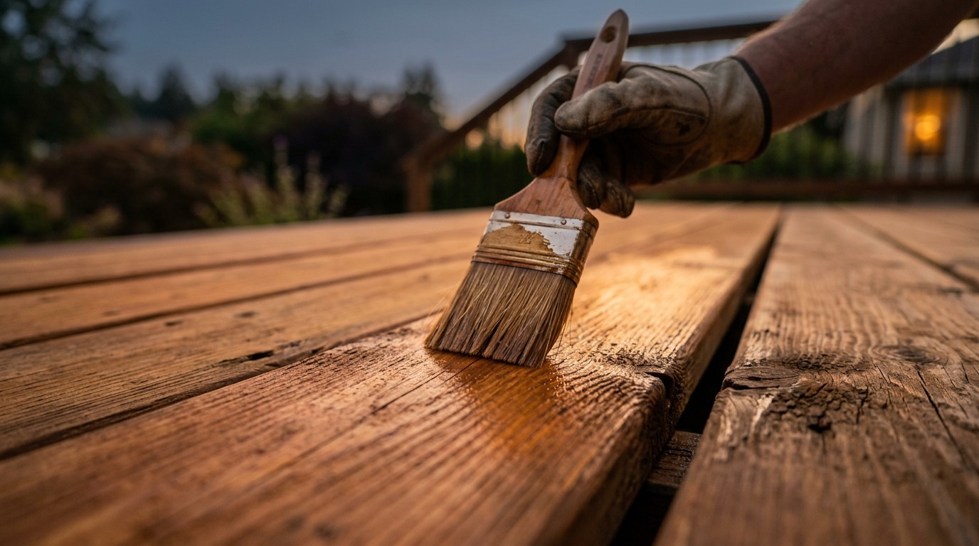 A brush applying warm semi-transparent stain to a cedar deck board with rich wood grain